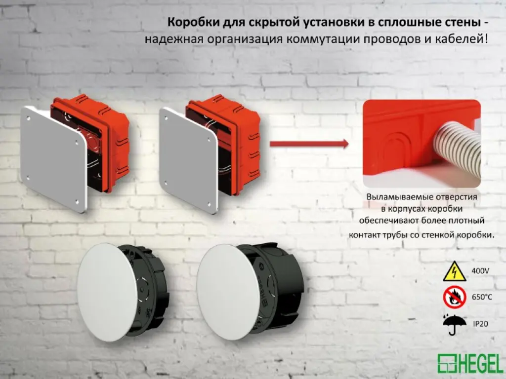 Разветвительные коробки КР-1101, 1102, 1103, 1104, 1105, У192 HEGEL огнестойкость 650°C. IP30 ЧП Электро Потенциал